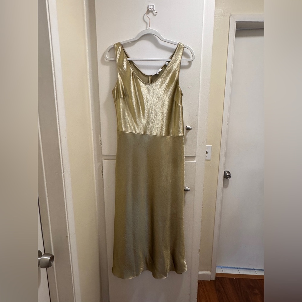 Vince Gold Metallic Hammered-Satin Midi Dress | Sz: 8